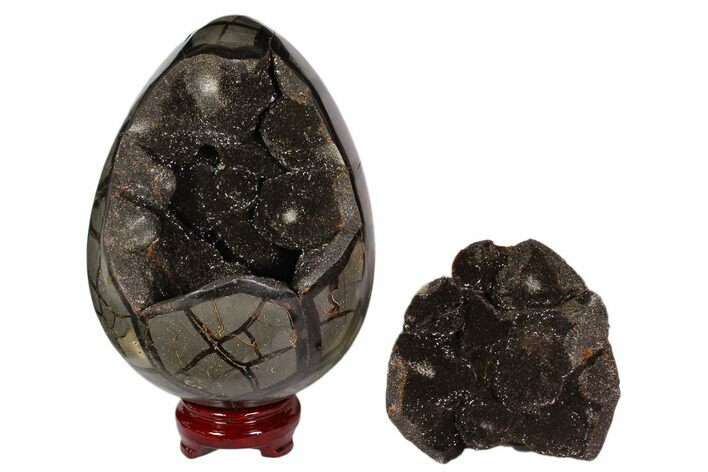 Polished Septarian Puzzle Geode - Black Crystals #113659